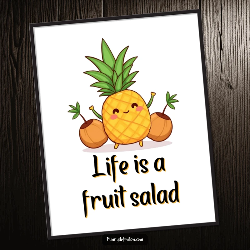 Funny Free Printable Wall Art of a cheerful pineapple skillfully juggling tiny coconuts, radiating fun and tropical energy.