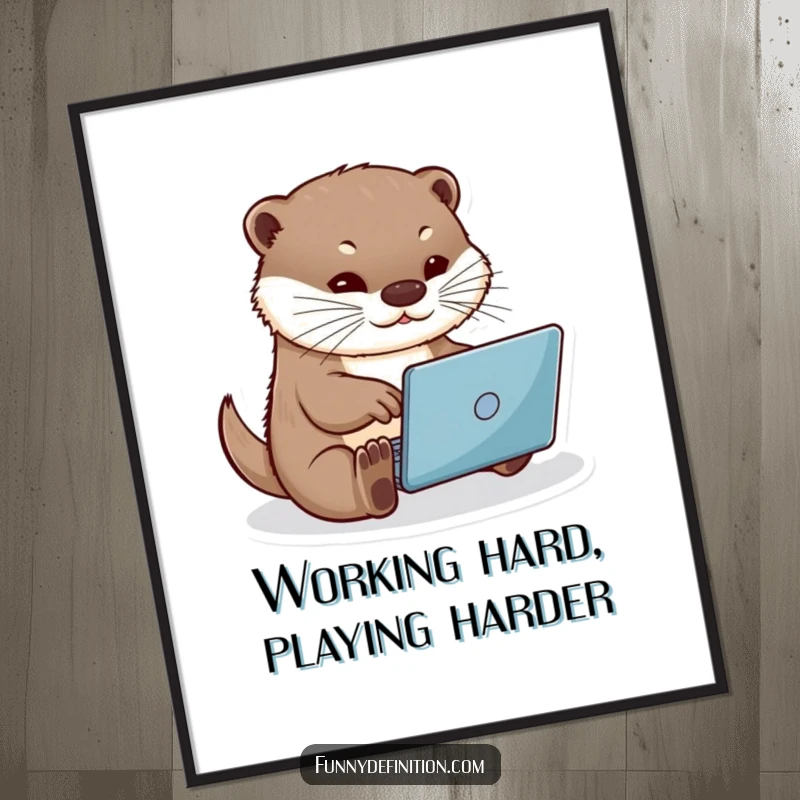 Funny Free Printable Wall Art: Energetic otter typing furiously on a miniature laptop, adding a humorous touch.