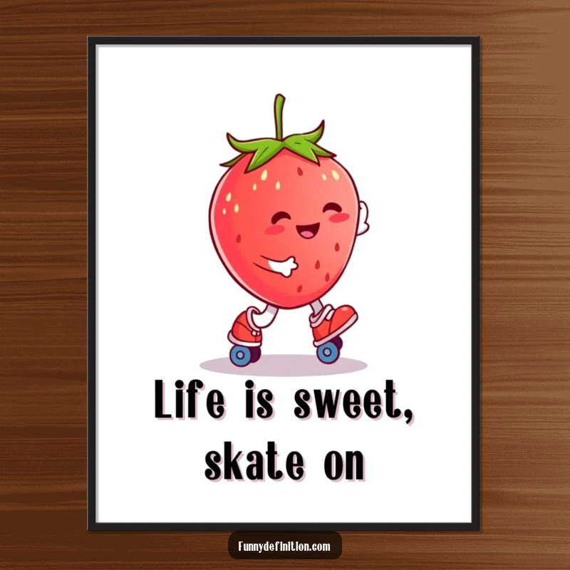 Funny Free Printable Wall Art: Plump strawberry with wheels skates around, happy and energetic, downloadable decor.