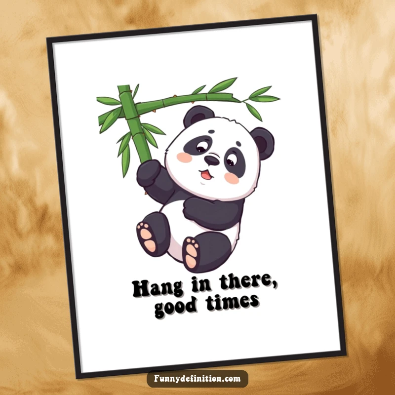 Funny Free Printable Wall Art: Panda determinedly hangs upside down from bamboo branch, quirky pose, downloadable art.