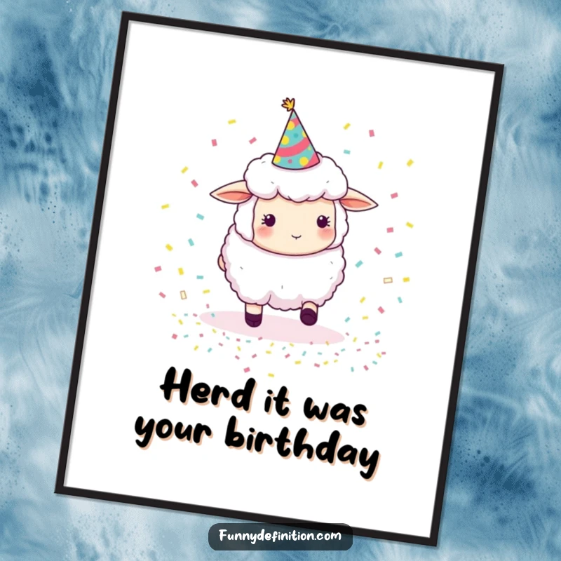 Funny Free Printable Wall Art: A fluffy sheep in a party hat curiously herds tiny bouncing confetti across a whimsical background.