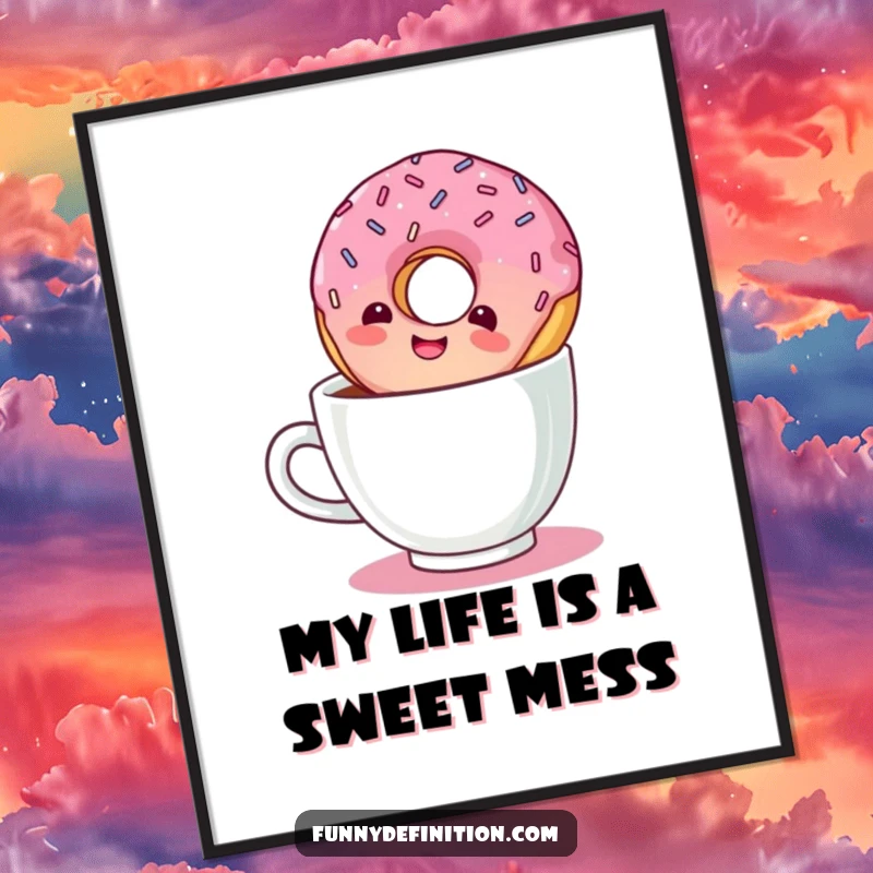 Funny Free Printable Wall Art: A giggling donut with sprinkles takes a silly dive into a coffee cup.