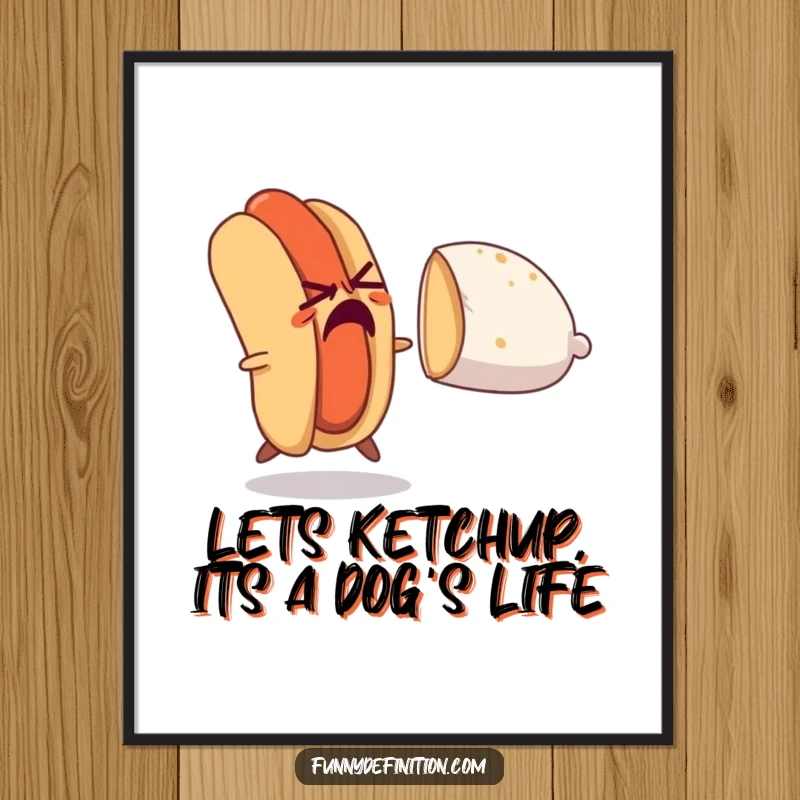 Funny Free Printable Wall Art: Nervous hot dog in full sprint, desperately trying to evade a bun that is actively chasing it.