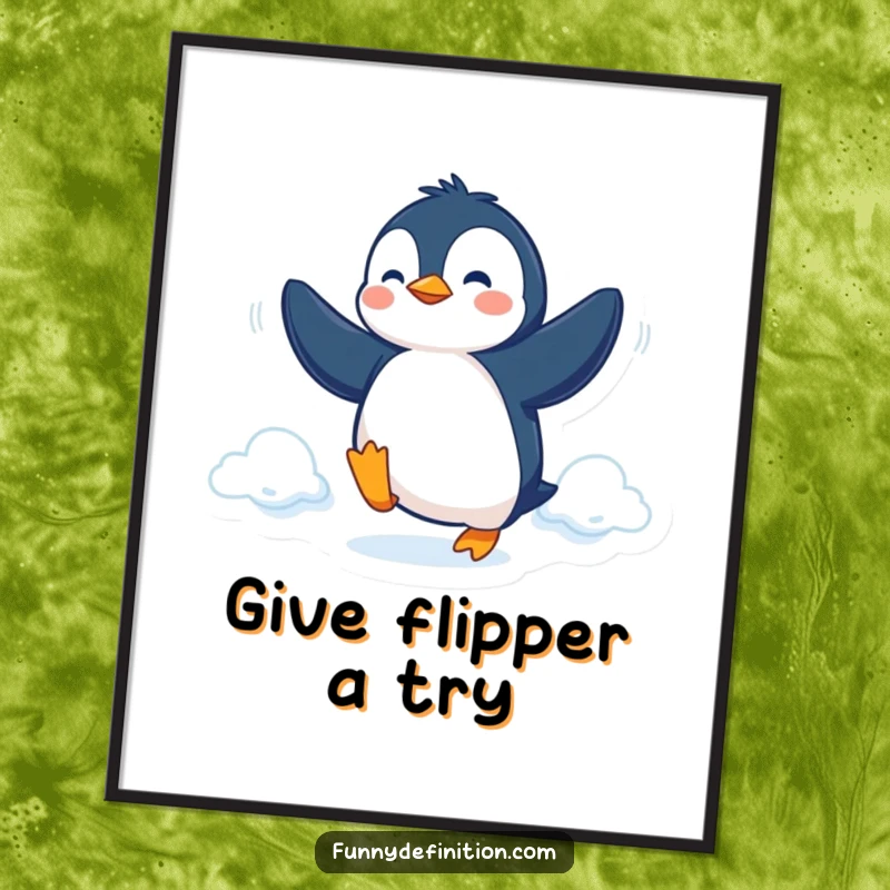 Funny Free Printable Wall Art of a determined penguin comically attempting to achieve flight by vigorously flapping its flippers.