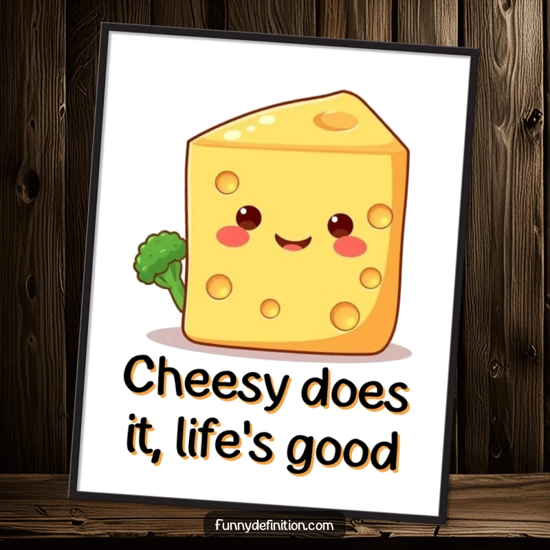 Funny Free Printable Wall Art: Shy broccoli floret cautiously peeking from behind a large, friendly smiling cheese wedge, making eye contact.