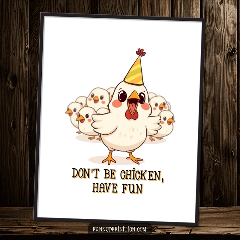 Funny Free Printable Wall Art: A wide-eyed chicken in a party hat makes a sudden dash away from a blurry flock.