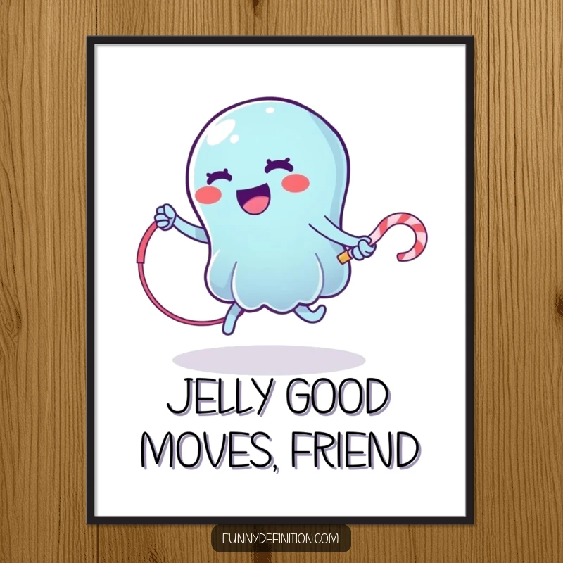Funny Free Printable Wall Art: A wobbly jelly executes a jump rope routine with a licorice whip, a whimsical and downloadable piece.