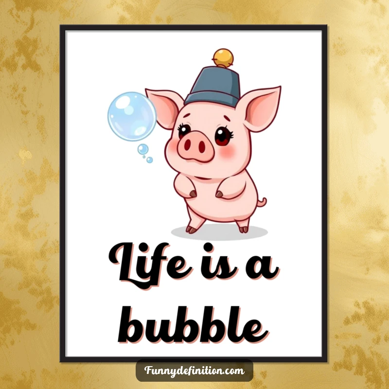 Funny Free Printable Wall Art: A pig wearing a ridiculously tall hat, looking genuinely surprised and amused by a single, delicate floating bubble.