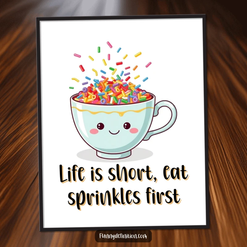 Funny Free Printable Wall Art: A vibrant teacup overflowing with colorful, energetic dancing sprinkles.