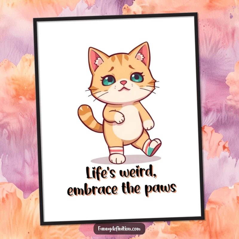 Funny Free Printable Wall Art: A confused cat attempts to walk, hilariously wearing two distinctively mismatched socks.