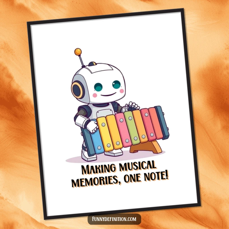 Funny Free Printable Robot Wall Art: A cheerful robot joyfully plays a huge, colorful xylophone, bringing musical fun.