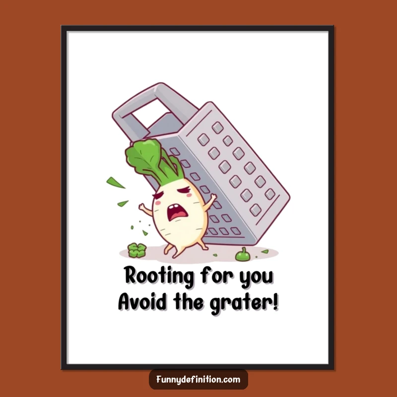 Funny Free Printable Wall Art: Panicked Radish Escapes Grater, Absurd Downloadable Kitchen Decor