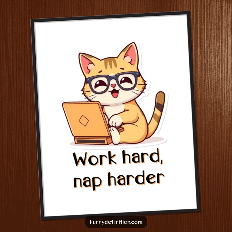 Funny Free Printable Wall Art: Happy cat in oversized glasses enthusiastically typing on a tiny laptop, embodying focus and charm.