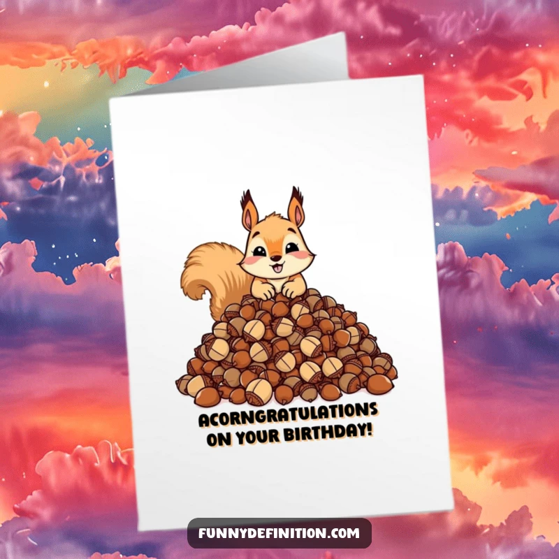 Funny free printable birthday card: Mischievous squirrel sits atop a giant pile of acorns, ready for laughs, a downloadable gift.