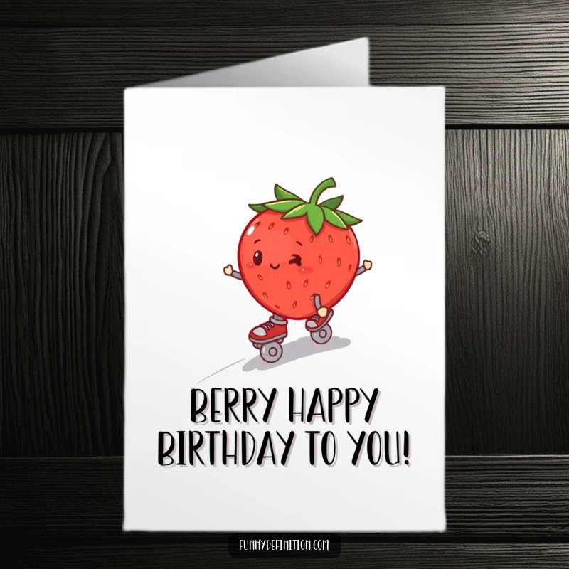 Funny Free Printable Birthday Card: A plump strawberry on roller skates, wobbling downhill, a hilarious downloadable for birthdays.