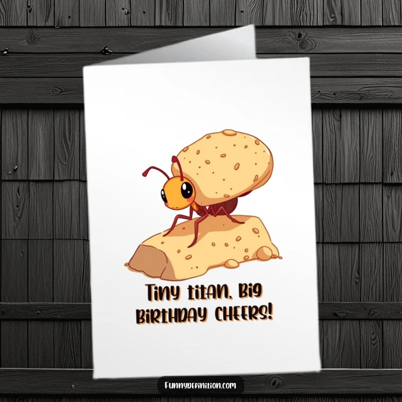 Funny Free Printable Birthday Card featuring a determined ant struggling to carry a giant crumb uphill, symbolizing big efforts.