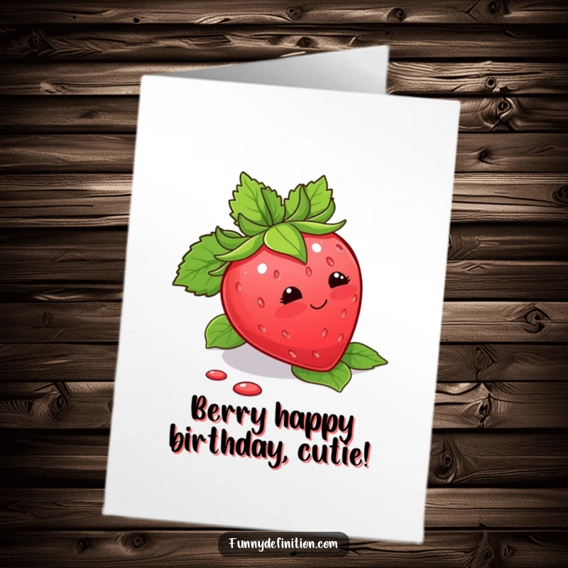 Funny Free Printable Birthday Card with a blushing strawberry tripping over its own leaves, looking adorably flustered.