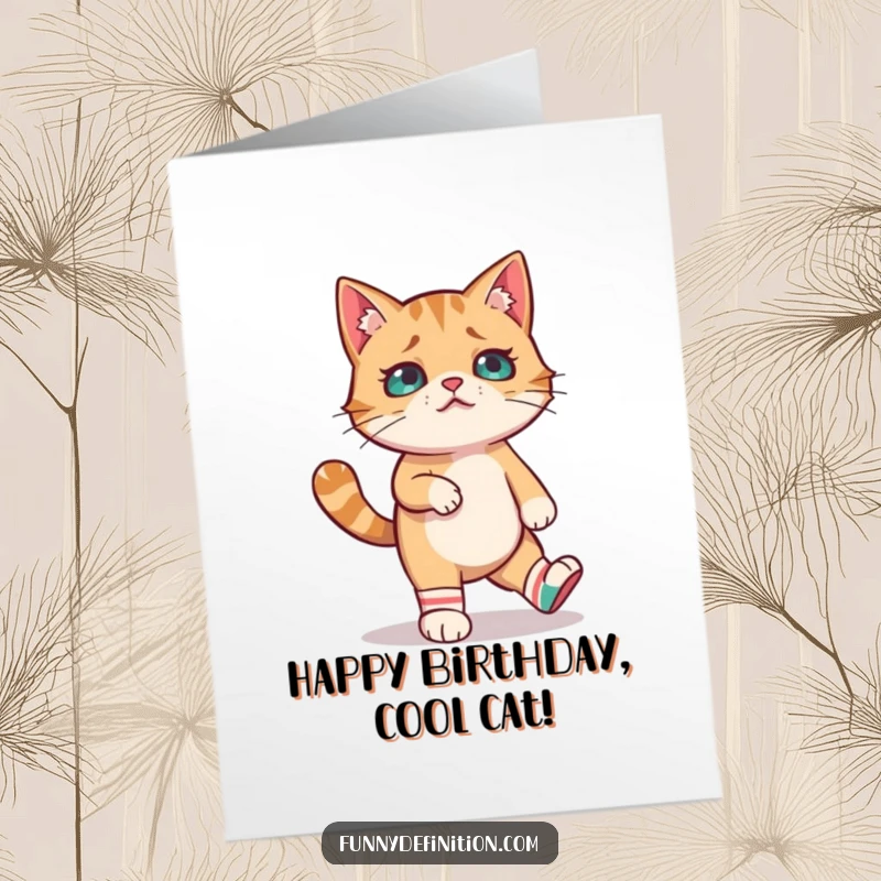 Funny Free Printable Birthday Card: A confused cat struggles to walk, wearing brightly colored mismatched socks on its paws.