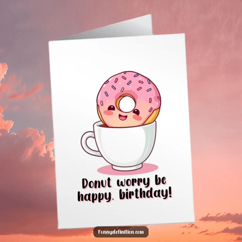 Funny Free Printable Birthday Card: A delighted donut chuckles while doing a headstand in a coffee cup.