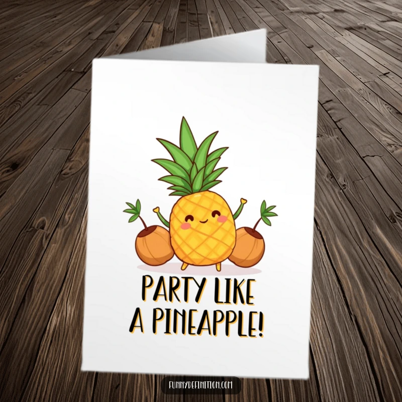 Funny Free Printable Birthday Card featuring a cheerful pineapple expertly juggling three tiny coconuts, perfect for a sunny birthday wish.