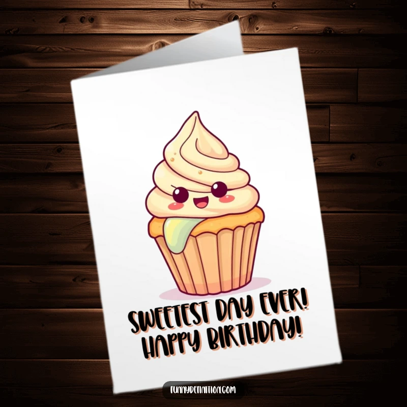 Funny Free Printable Birthday Card: A surprised cupcake with frosting slides joyfully down a vibrant rainbow. A sweet DIY gift.