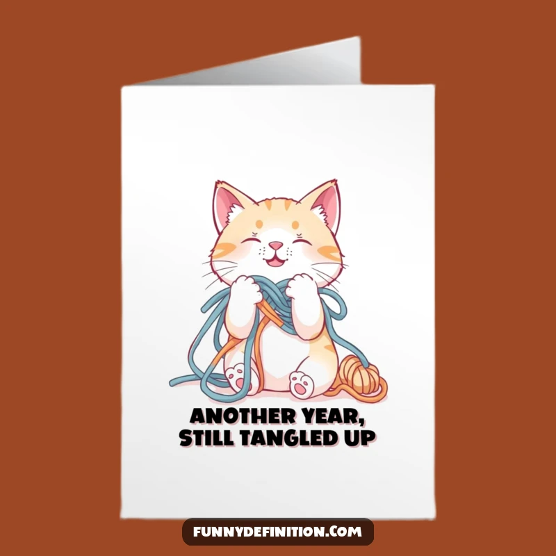 Free Printable Birthday Card: Tangled Cat's Funny Struggle - Humorous Downloadable Gift