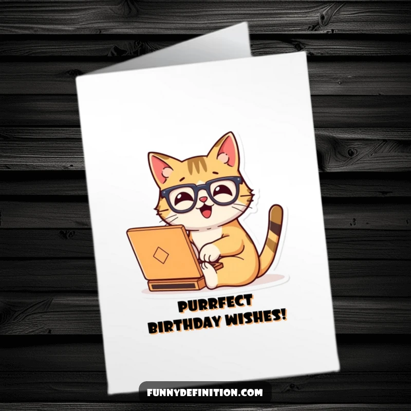 Funny Free Printable Birthday Card: Happy cat in oversized glasses enthusiastically typing on a tiny laptop to celebrate.