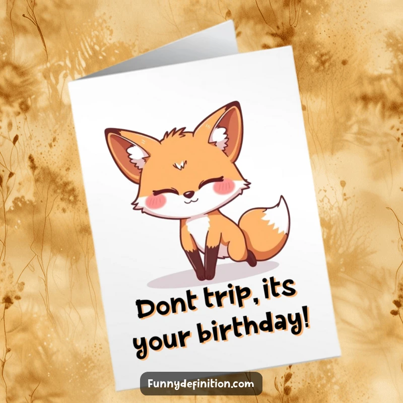 Funny Free Printable Fox Birthday Card: A fox with a silly expression tripping over its own tail, perfect for birthdays.