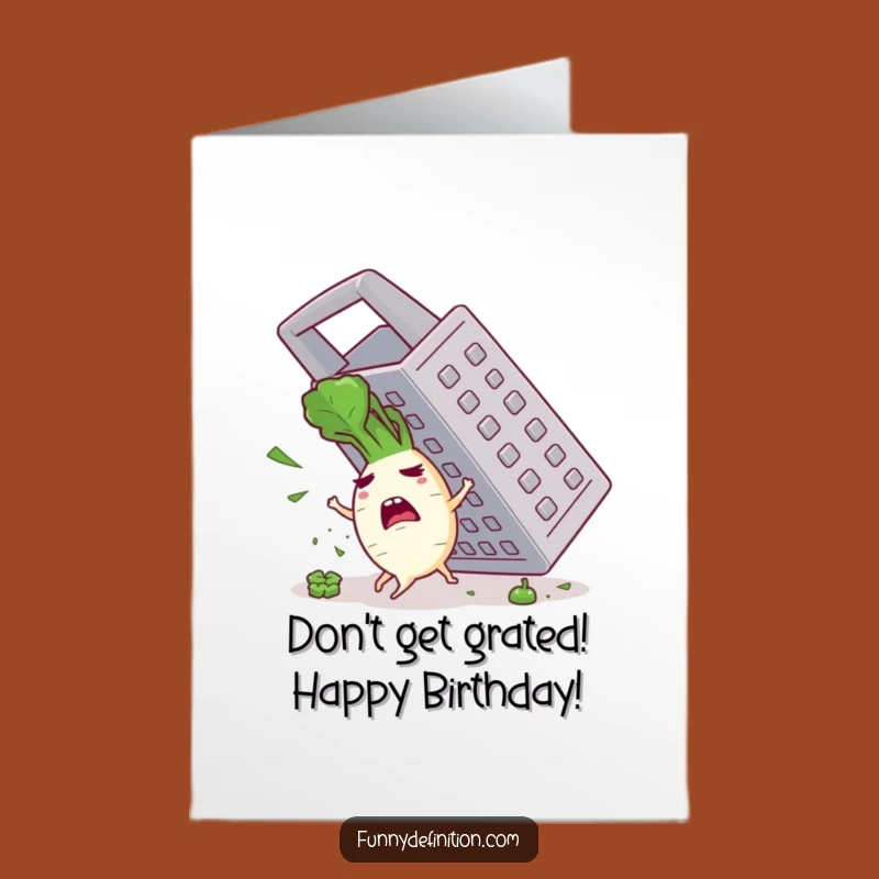 Free Printable Funny Birthday Card: Panicked Radish Escapes Grater, Hilarious Downloadable Gift