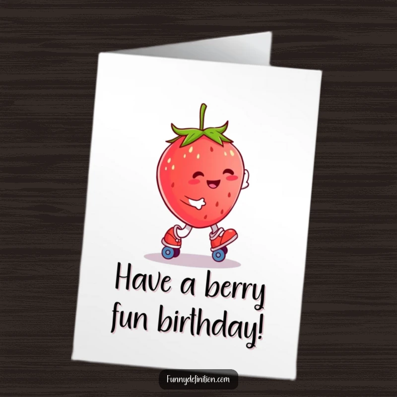 Funny Free Printable Birthday Card: Plump smiling strawberry on roller skates wobbles, trying its best, downloadable humor.