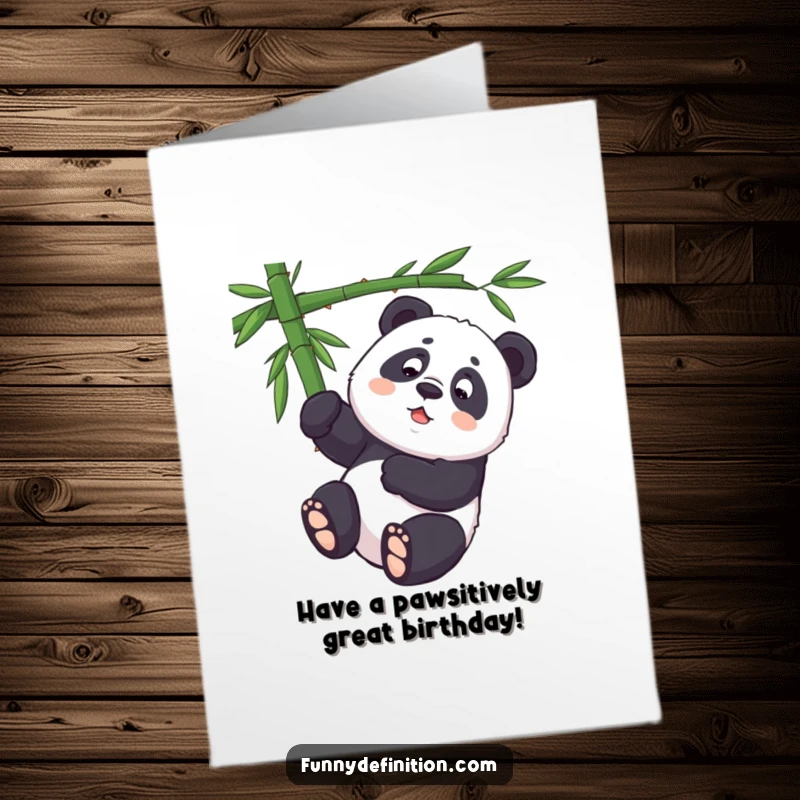 Funny Free Printable Birthday Card: Determined panda hangs upside down from bamboo, trying hard, downloadable humor.