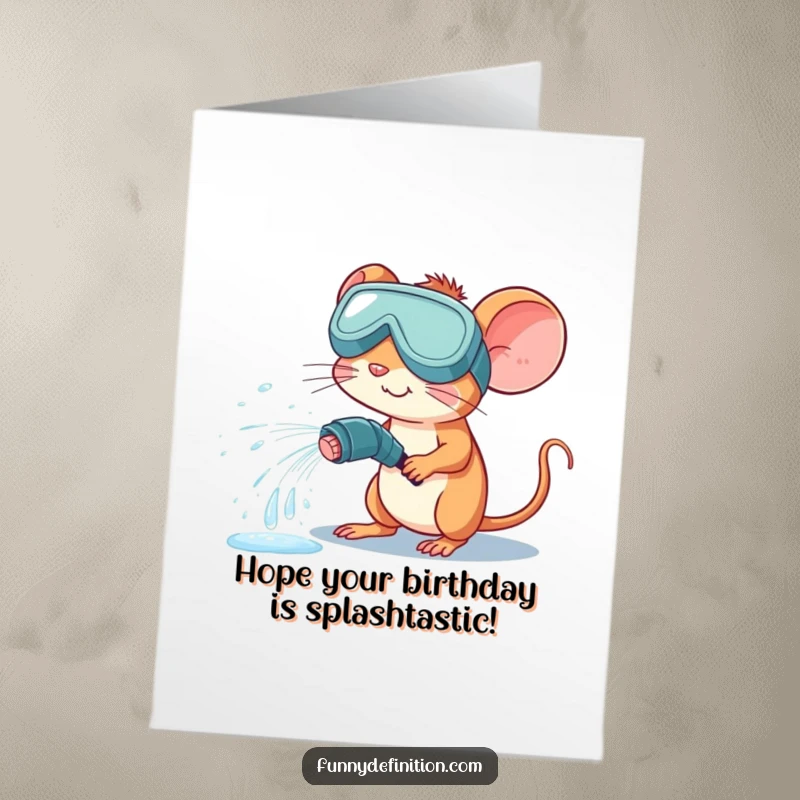 Funny Free Printable Mouse Birthday Card: A mouse in goggles accidentally spraying water from a hose, ready for birthday fun.