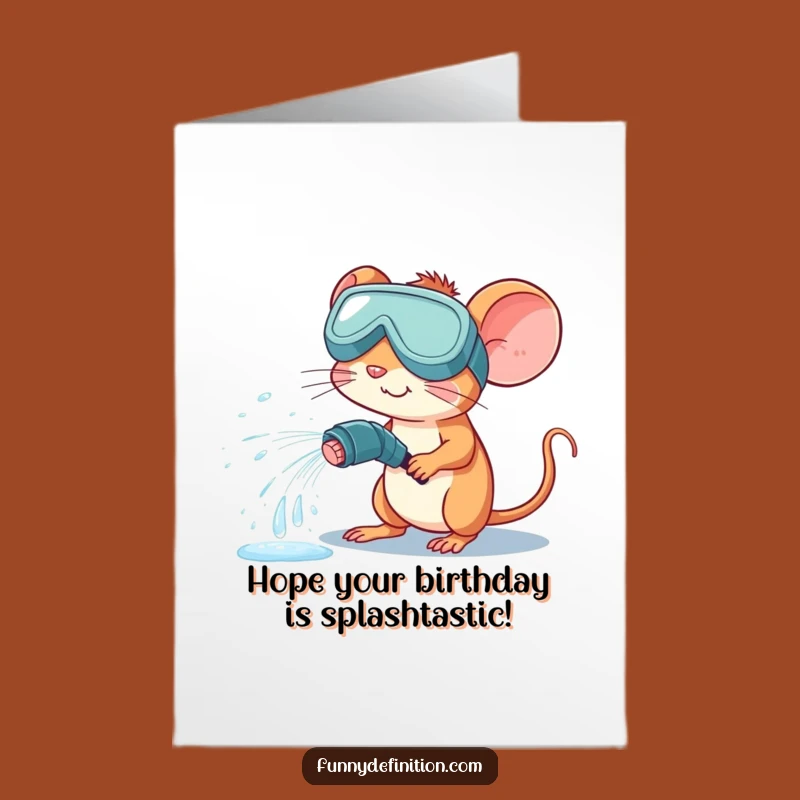 Free Printable Mouse Birthday Card: Goggled Guy Spraying Water, Funny Downloadable Gift!