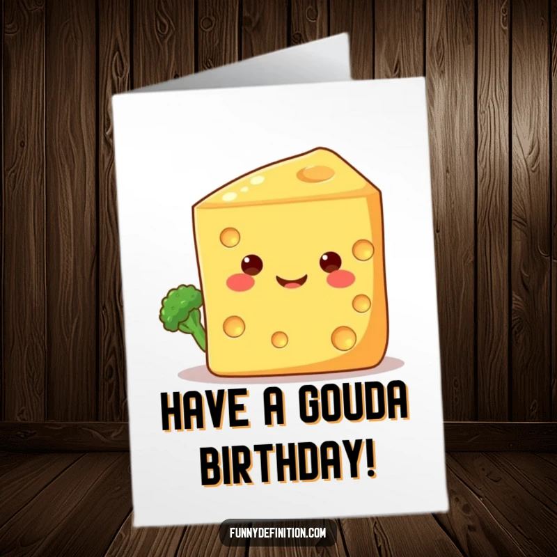 Funny Free Printable Birthday Card: Shy broccoli floret peeking from behind a giant, beaming cheese wedge, wishing Happy Birthday.