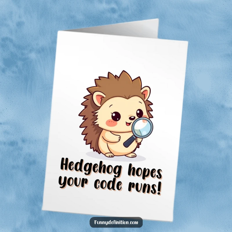 Funny free printable birthday card: a happy hedgehog intently debugging code with a tiny magnifying glass, looking focused and cute.