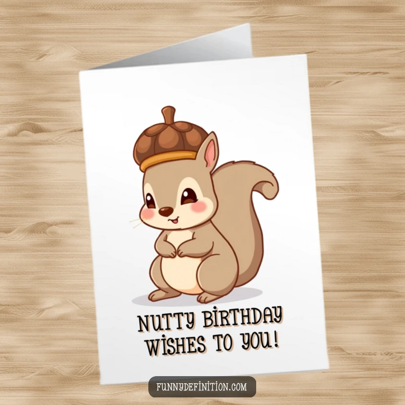 Funny Free Printable Birthday Card: A squirrel accidentally wears a large acorn like a hat. A comical DIY gift.