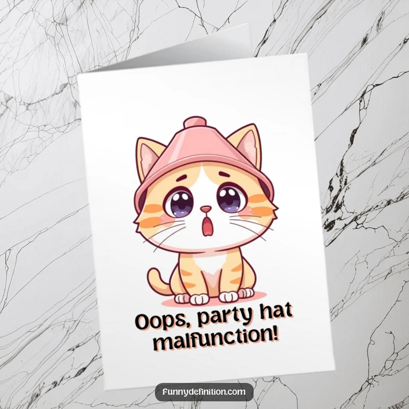 Funny Free Printable Birthday Card: Cat wearing a lampshade hat, looking surprised and ready for a party.