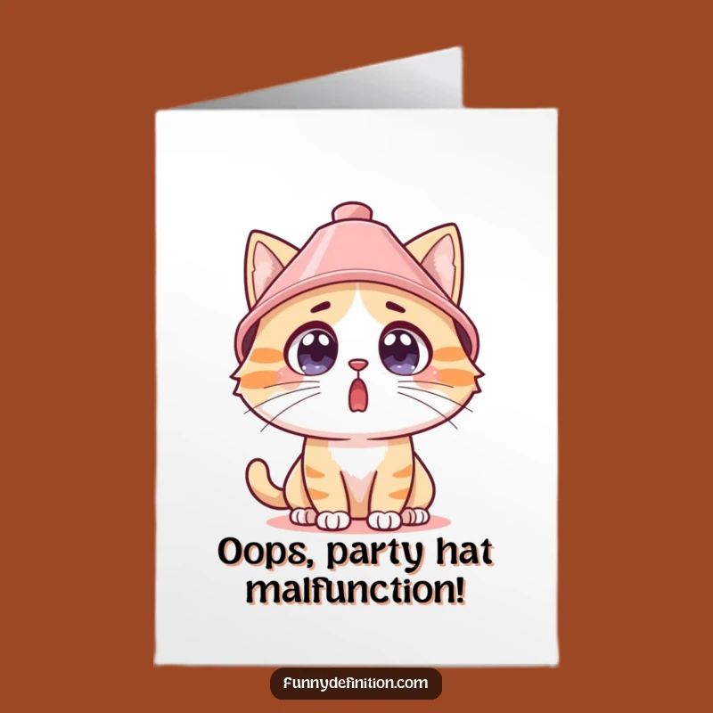 Free Printable Birthday Card: Surprised Cat in Lampshade Hat Funny Downloadable Gift
