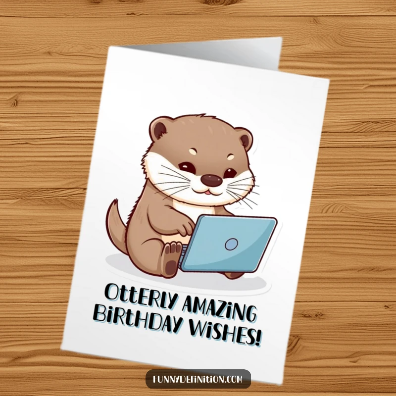 Funny Free Printable Birthday Card: Energetic otter furiously types on tiny laptop, sending laughs your way.