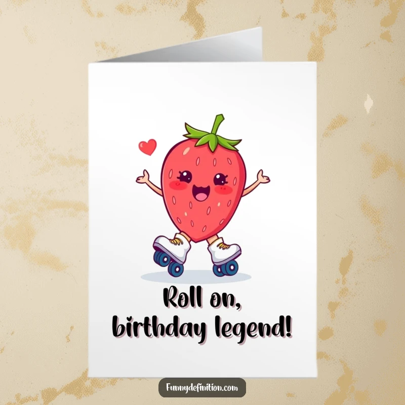 Funny Free Printable Birthday Card featuring a plump strawberry on roller skates tripping hilariously, ready to bring birthday cheer.