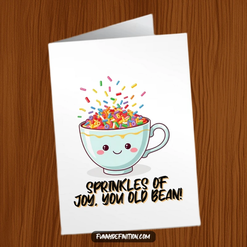Funny Free Printable Birthday Card: Cheerful teacup overflowing with colorful, dancing sprinkles, ready to party.