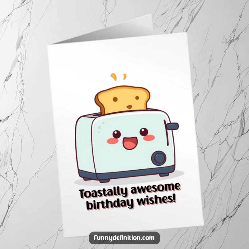 Funny Free Printable Birthday Card shows a startled piece of toast with its mouth agape, popping out of a toaster unexpectedly.