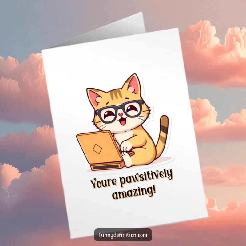 Funny Free Printable Congratulations Card: Happy cat in oversized glasses typing enthusiastically on a tiny laptop, celebrating success.