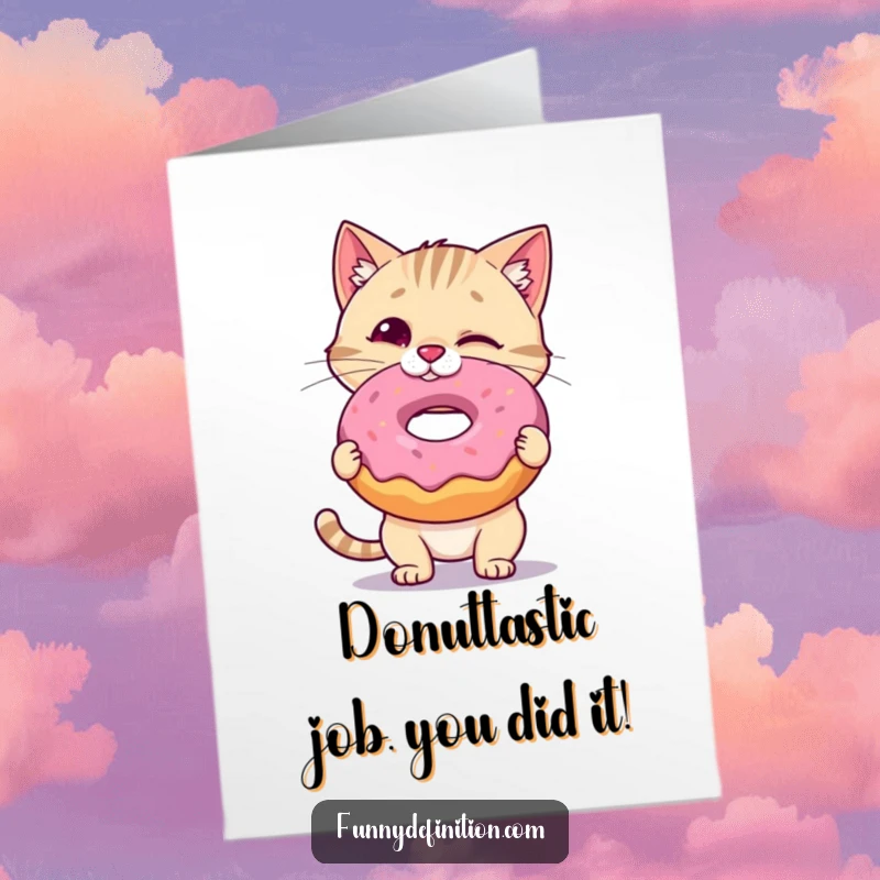 Funny Free Printable Cat Congratulations Card: A cat wobbles precariously while balancing a huge donut on its nose in celebration.