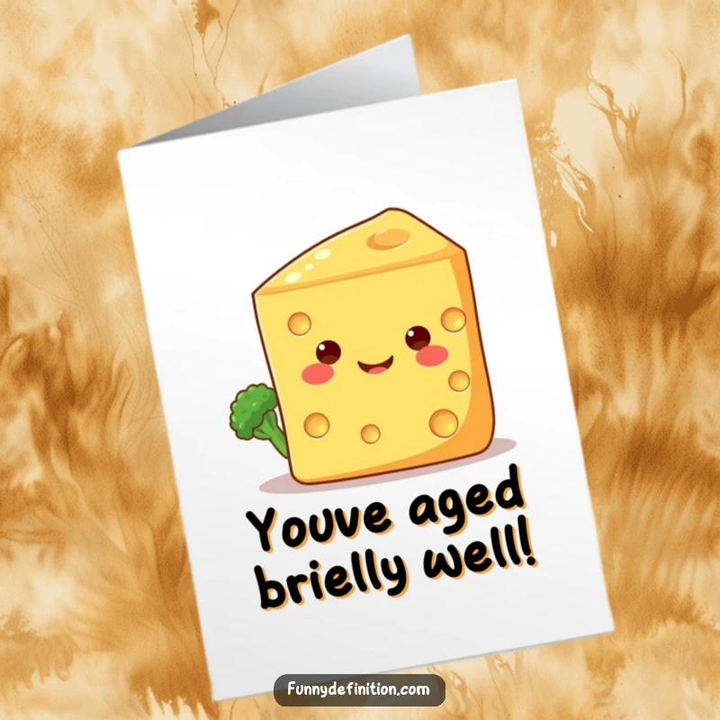 Funny Free Printable Congrats Card: Shy broccoli peeking out from behind a huge smiling cheese wedge, celebrating success.