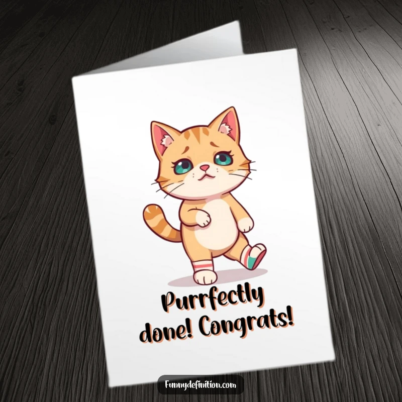 Funny Free Printable Congratulations Card: A bewildered cat attempts to walk while wearing two completely different, colorful socks.
