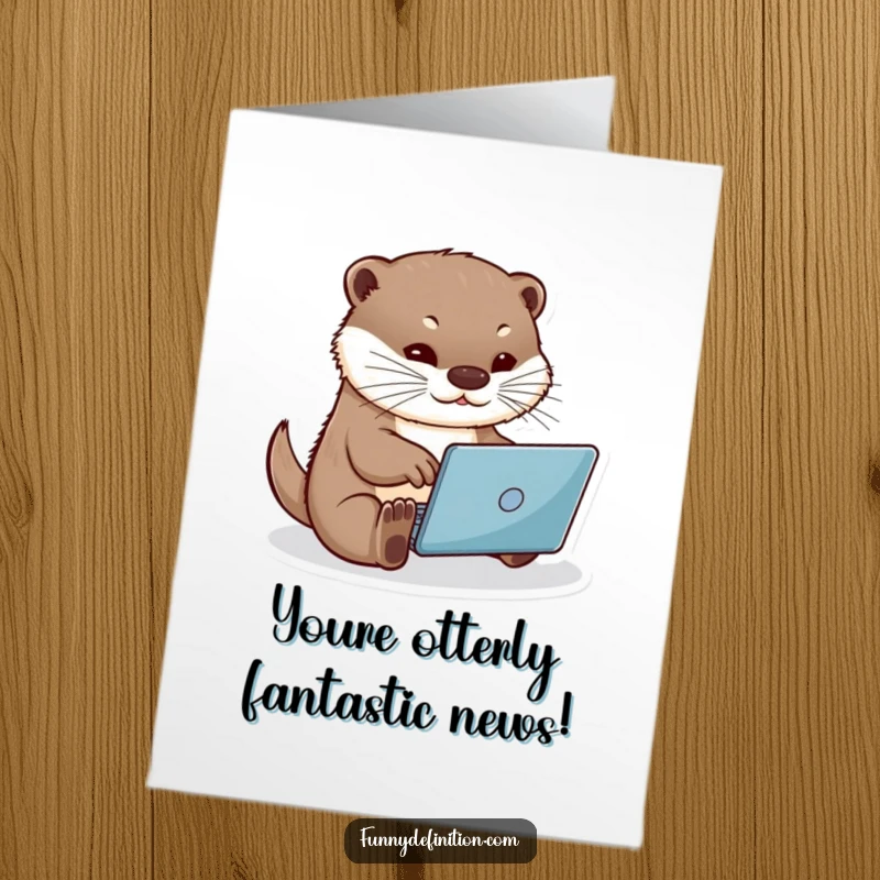Funny Free Printable Congratulations Card: Determined otter typing furiously on a mini laptop, celebrating success.