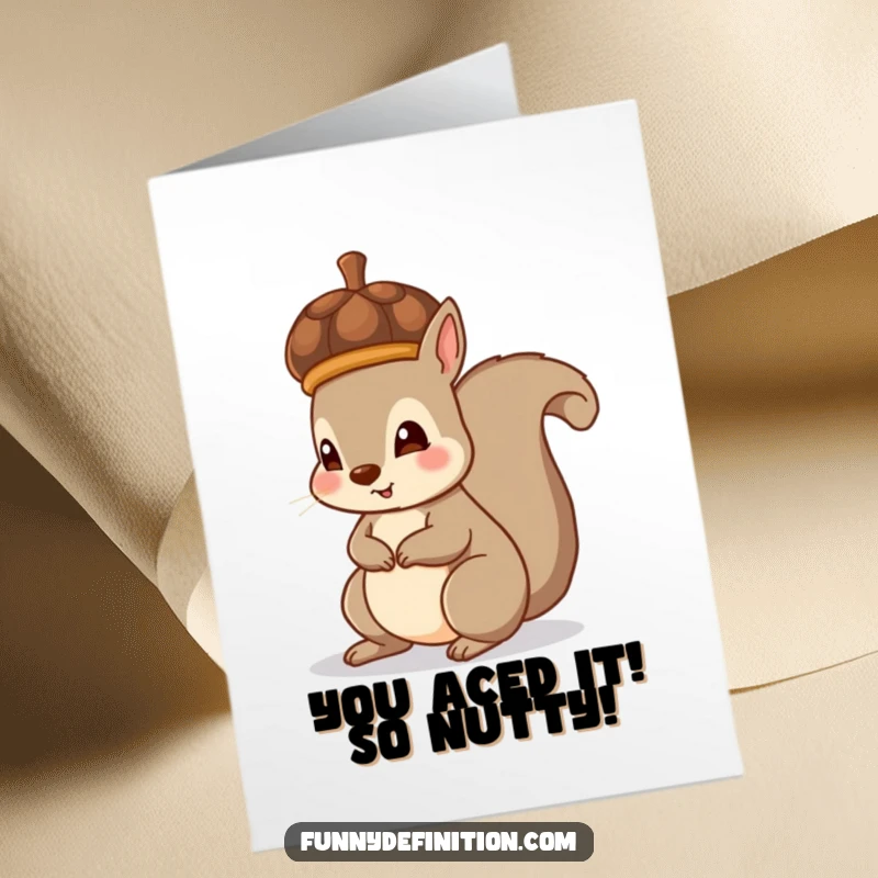 Funny Free Printable Congratulations Card: A squirrel wears an acorn as a hat, looking pleased. A humorous downloadable.