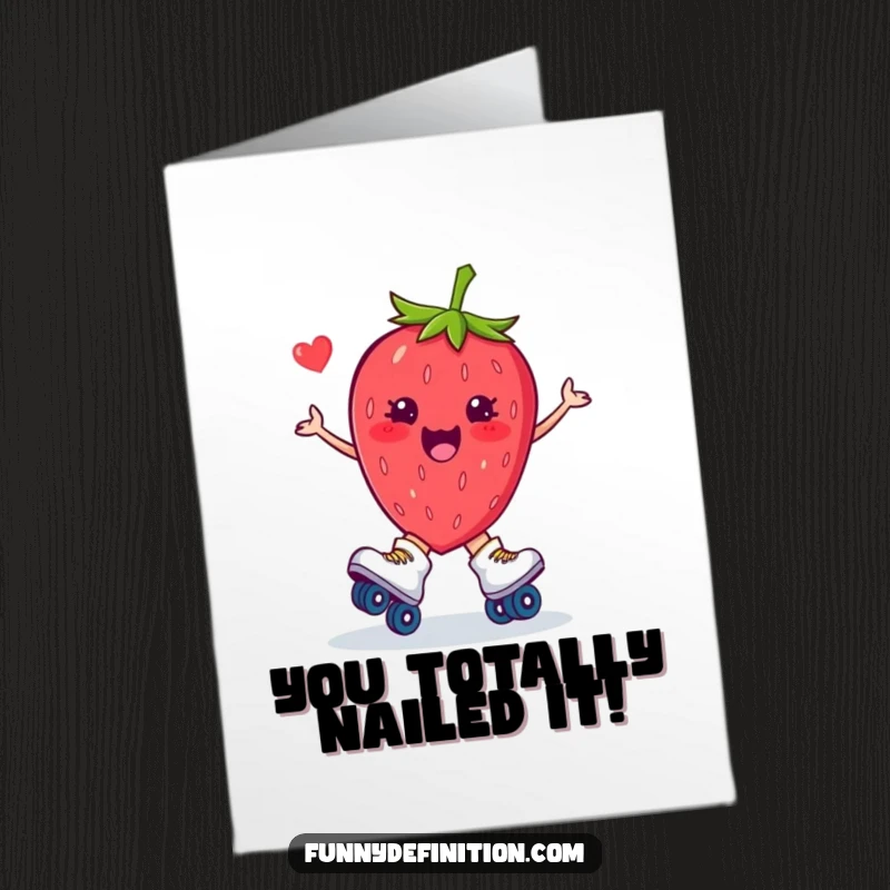 Free Printable Congratulations Card showing a clumsy strawberry on skates hilariously falling, perfect for a funny congratulatory message.