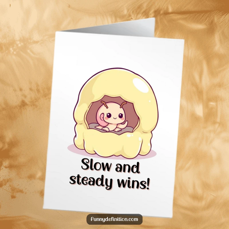 Free Printable Congratulations Card: A shy snail awkwardly in a huge jelly mold, a funny downloadable for any congratulatory moment.